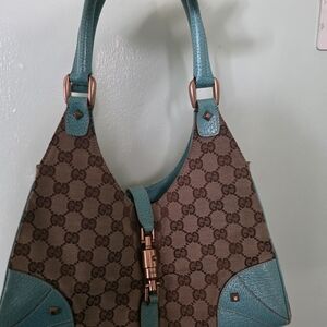 Gucci Brown GG Canvas Shoulder Bag with Teal Leather Trim